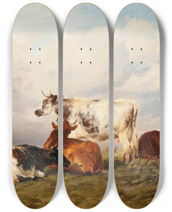 Triptych art skateboard deck of Thomas Sidney Cooper In The Meadows At Noon by Thomas Sidney Cooper (1803-1902)