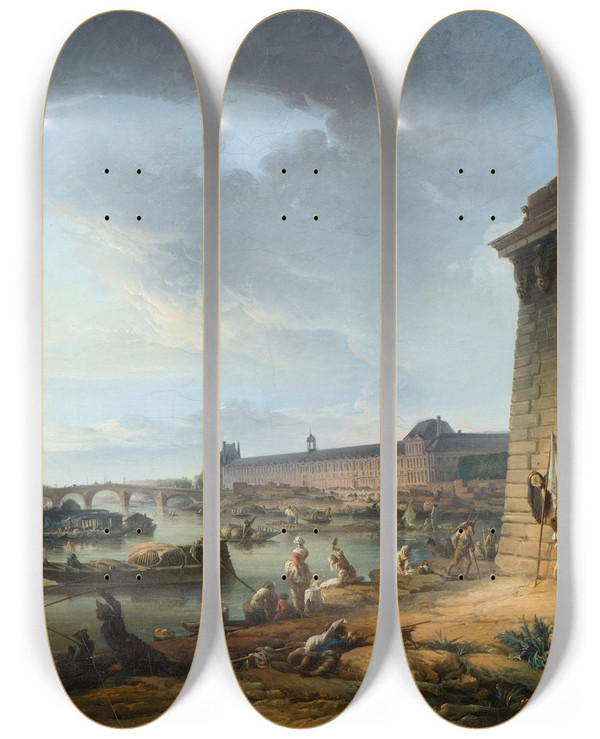 Triptych art skateboard deck of Elias Martin View Of Paris From The Embankment Beneath The Pont Neuf by Elias Martin (1739-1818)