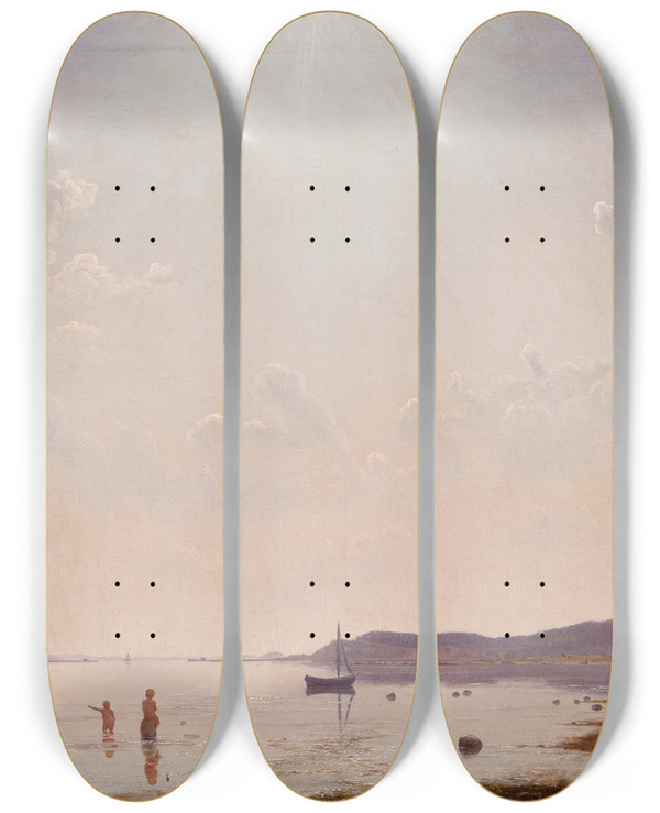 Triptych art skateboard deck of Vilhelm Kyhn View Of Roskilde Fjord Near Frederikssund Zealand by Vilhelm Kyhn (1819-1903)