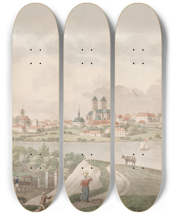 Triptych art skateboard deck of Sren L Lange Viborg by Soren L Lange (1760-1828)