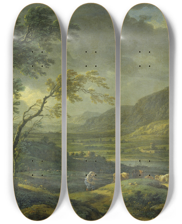 Triptych art skateboard deck of Johann Franz Ermels Landscape After A Thunderstorm by Johann Franz Ermels (1621-1693)
