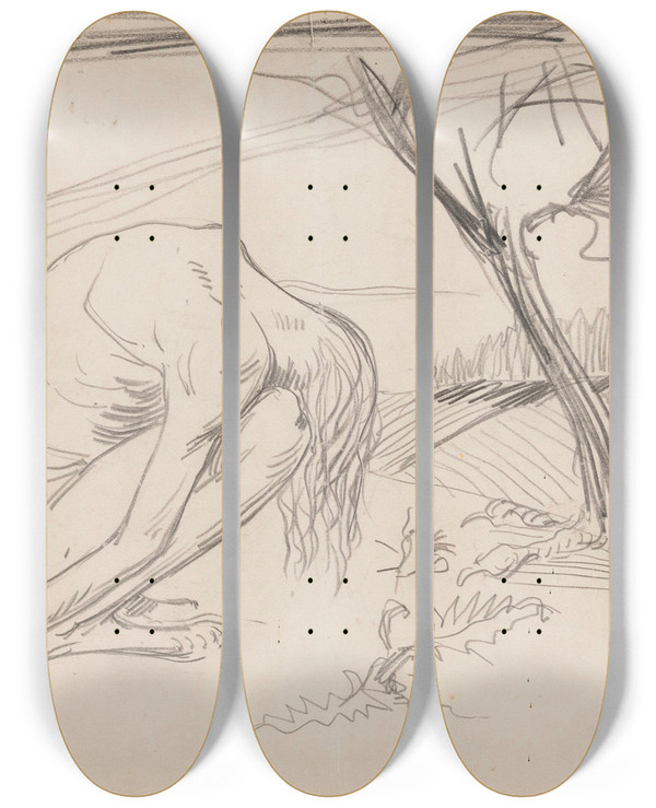 Triptych art skateboard deck of Stanisaw Ignacy Witkiewicz Hunched Figure In A Fantastic Landscape by Stanislaw Ignacy Witkiewicz (1885-1939)