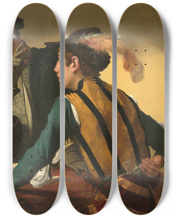 Triptych art skateboard deck of Caravaggio The Cardsharps by Caravaggio (1571-1610)