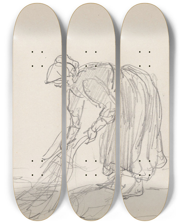 Triptych art skateboard deck of Adolph Tidemand Kvinne Som Trekker Garn by Adolph Tidemand (1814-1876)