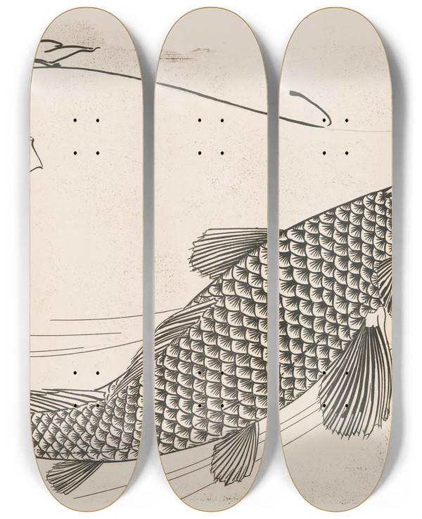 Triptych art skateboard deck of Flix Bracquemond Grand Poisson Dans Le Genre Japonais by Felix Bracquemond (1833-1914)