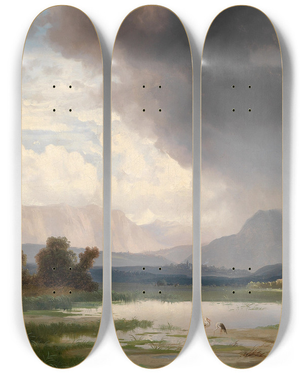 Triptych art skateboard deck of Ignaz Raffalt Karawankenlandschaft by Ignaz Raffalt (1800-1857)