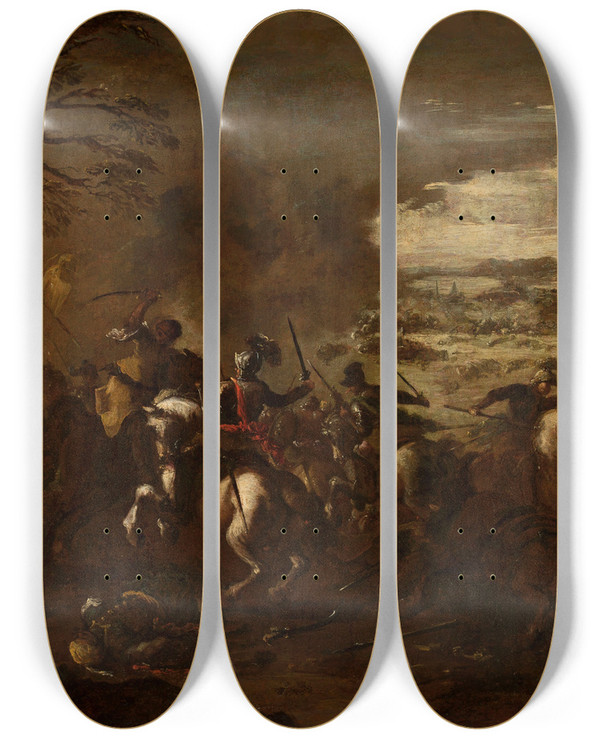 Triptych art skateboard deck of Francesco Simonini A Battle Scene by Francesco Simonini (1686-1755)