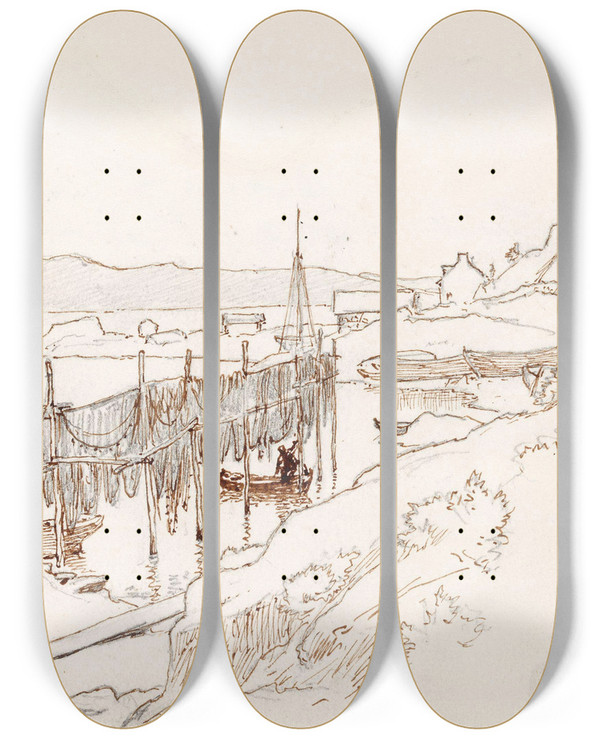 Triptych art skateboard deck of Hans Gude Fra Tarbert by Hans Gude (1825-1903)