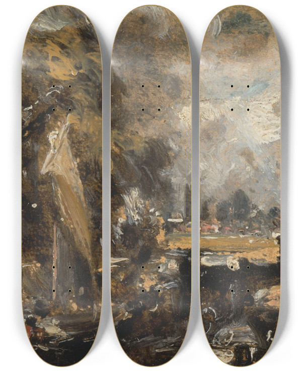 Triptych art skateboard deck of John Constable Dedham Lock_2 by John Constable (1776-1837)