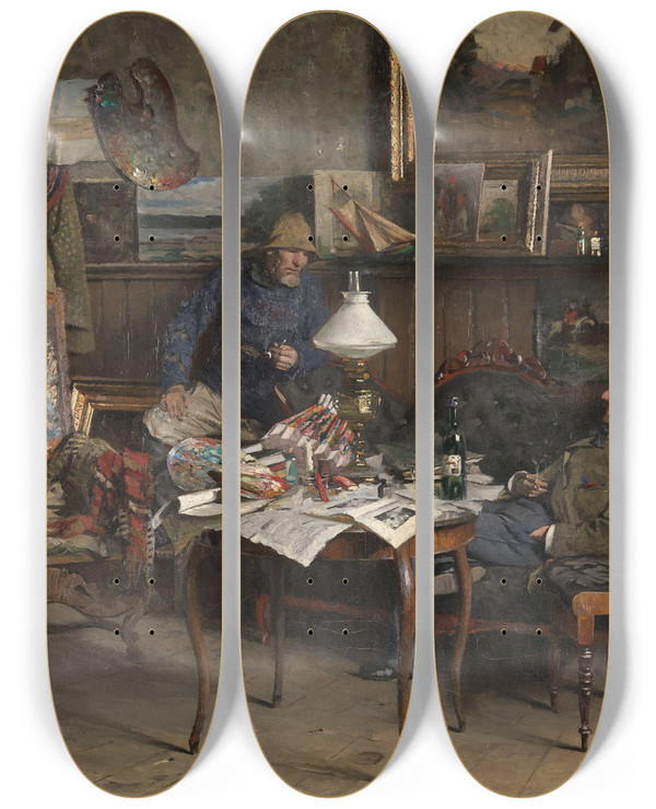 Triptych art skateboard deck of Fredrik Kolst From My Atelier by Fredrik Kolsto (1860-1945)