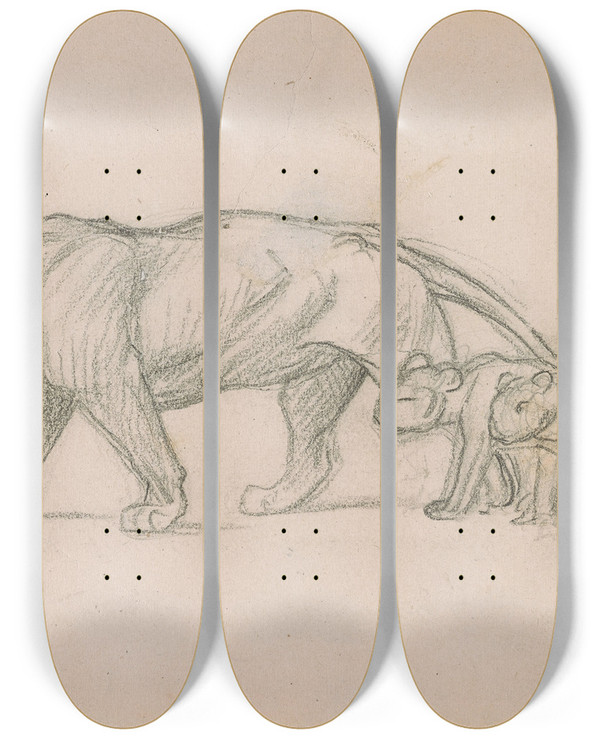 Triptych art skateboard deck of Jeanlon Grme Lioness And Her Cubs by Jean-Lon Grme (1824-1904)