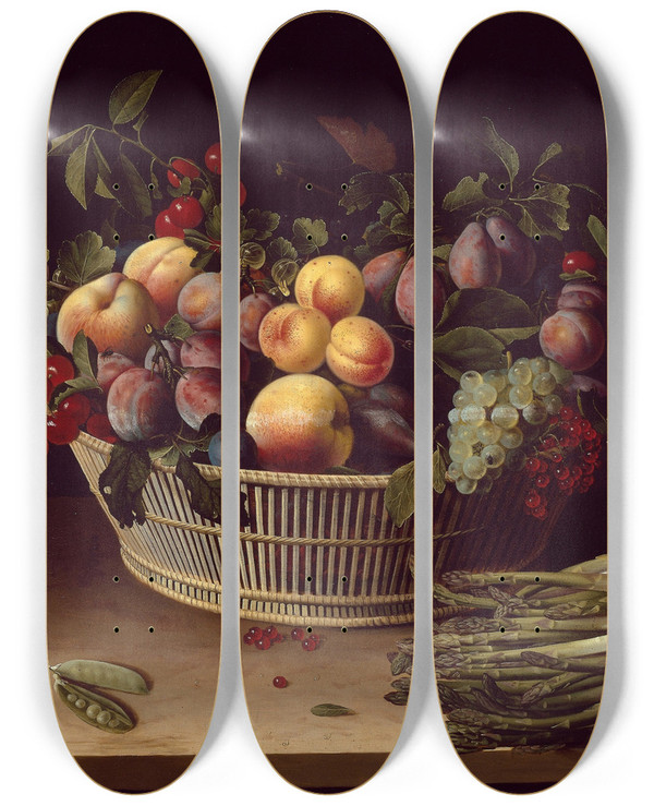 Triptych art skateboard deck of Louise Moillon Still Life With A Basket Of Fruit And A Bunch Of Asparagus by Louise Moillon (1610-1696)