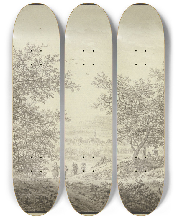 Triptych art skateboard deck of Karl Franz Kraul Waldausgang Mit Blick Auf Ein Drfchen Im Vordergrund Vier Figuren by Karl Franz Kraul (1754-1796)