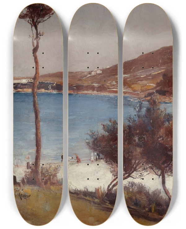 Triptych art skateboard deck of Tom Roberts Holiday Sketch At Coogee by Tom Roberts (1856-1931)