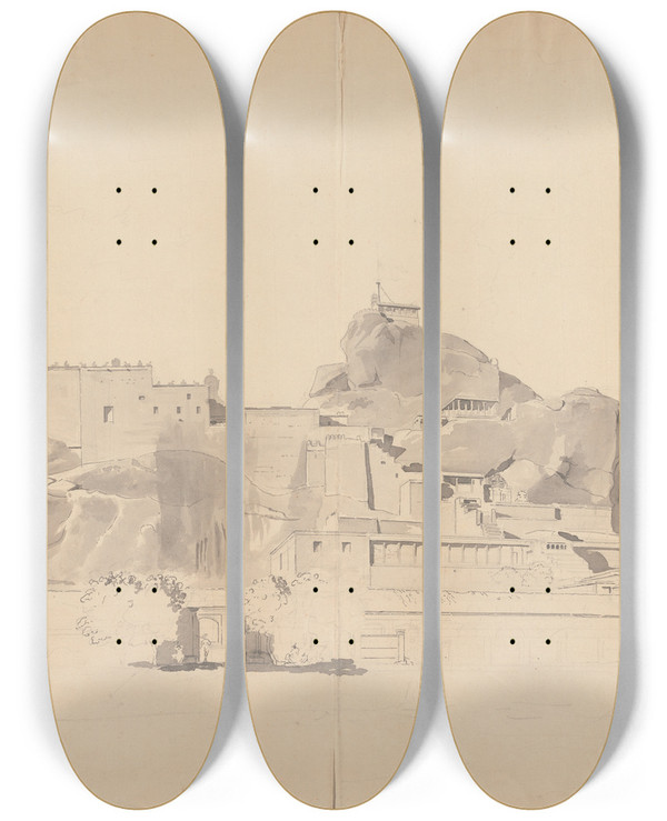 Triptych art skateboard deck of Samuel Davis Fort On A Rocky Outcrop by Samuel Davis (1757-1819)