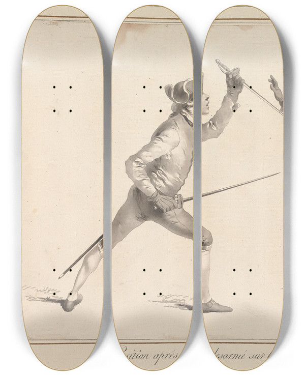 Triptych art skateboard deck of James Gwin Position Aprs Avoir Desarm Sur Le Coup De Quarte by James Gwin (1720-1769)