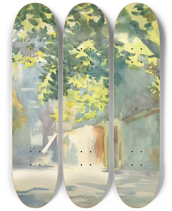 Triptych art skateboard deck of John Singer Sargent Sunlit Wall Under A Tree by John Singer Sargent (1856-1925)