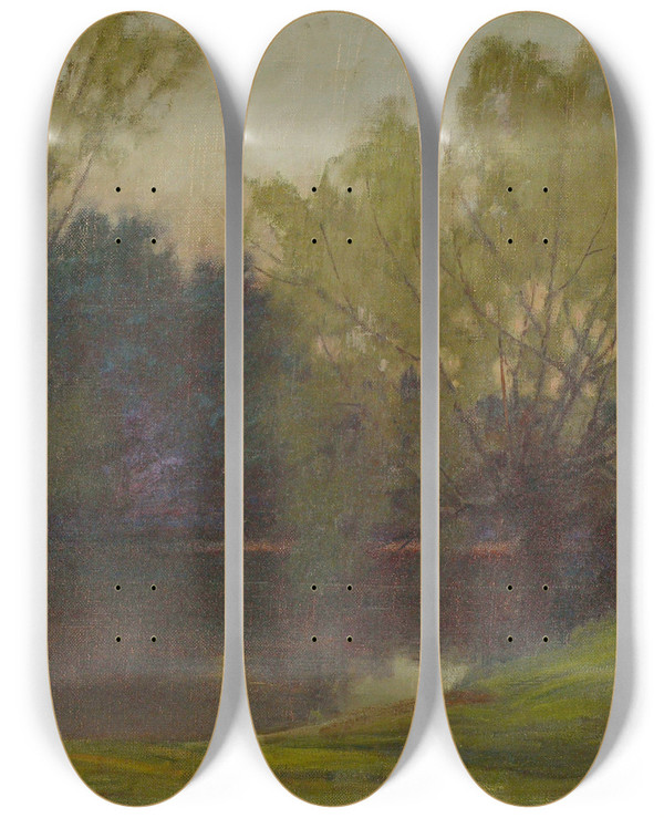 Triptych art skateboard deck of Mary Hiester Reid At Twilight Wychwood Park by Mary Hiester Reid (1854-1921)