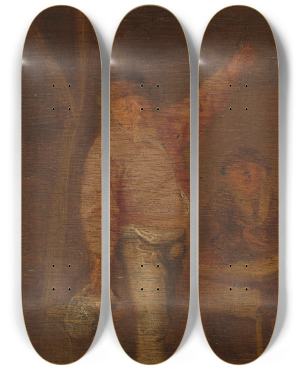 Triptych art skateboard deck of Pieter Harmensz Verelst Peasants Drinking In A Barn by Pieter Harmensz Verelst (1618-1668)