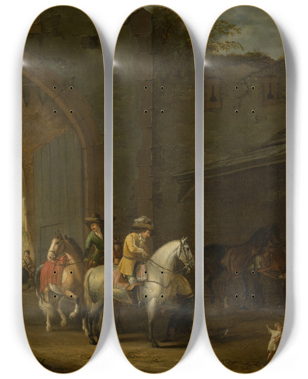 Triptych art skateboard deck of Johann Georg Pforr Horsemen At The Blacksmiths by Johann Georg Pforr (1745-1798)