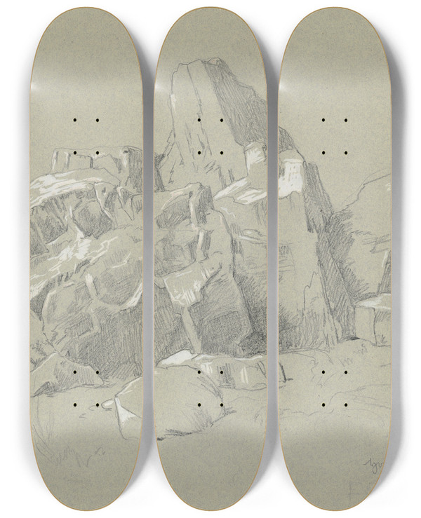 Triptych art skateboard deck of Hans Thoma Brunhildisfelsen by Hans Thoma (1839-1924)