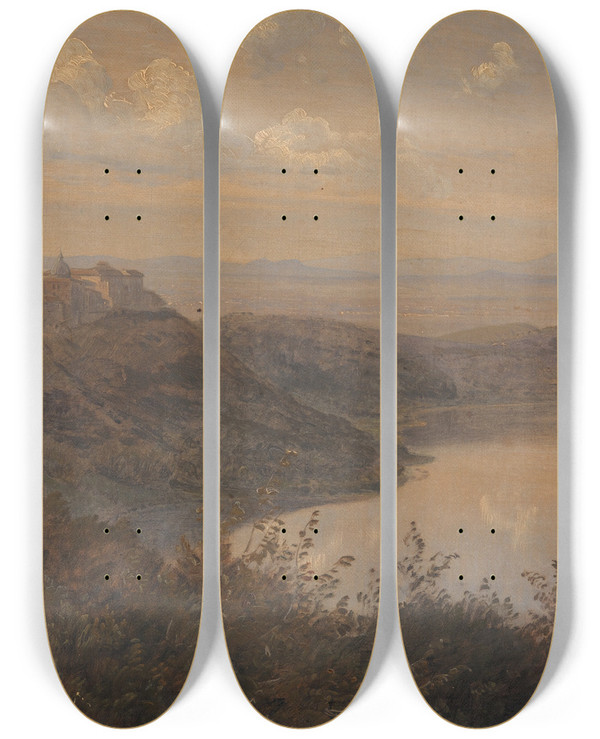 Triptych art skateboard deck of Janus La Cour A View Towards Castel Gandolfo Italy by Janus La Cour (1837-1909)