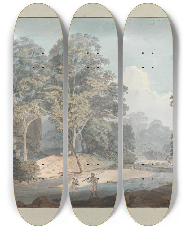 Triptych art skateboard deck of Samuel Davis Rocky River Scene With Sepoys by Samuel Davis (1757-1819)