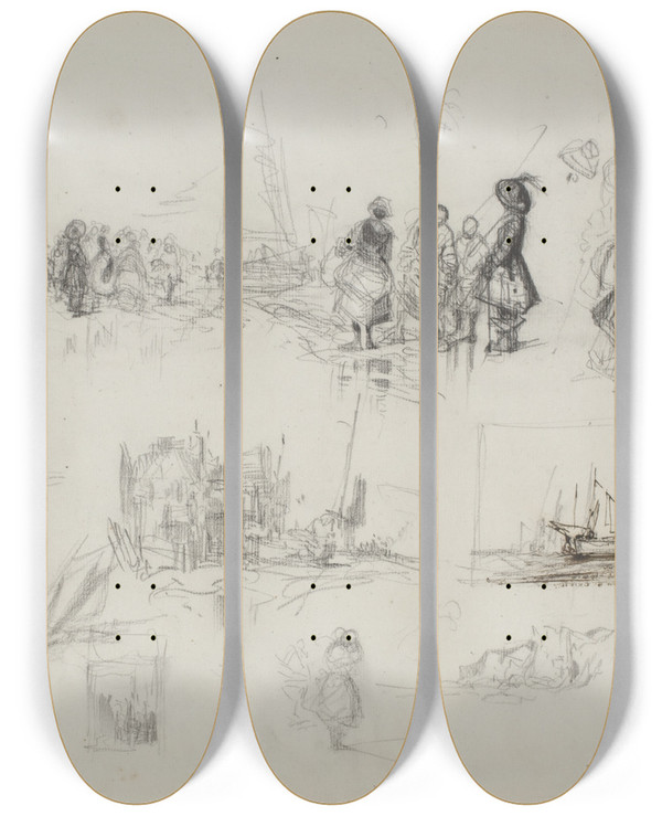 Triptych art skateboard deck of Eugne Isabey Seaside Studies by Eugene Isabey (1803-1886)