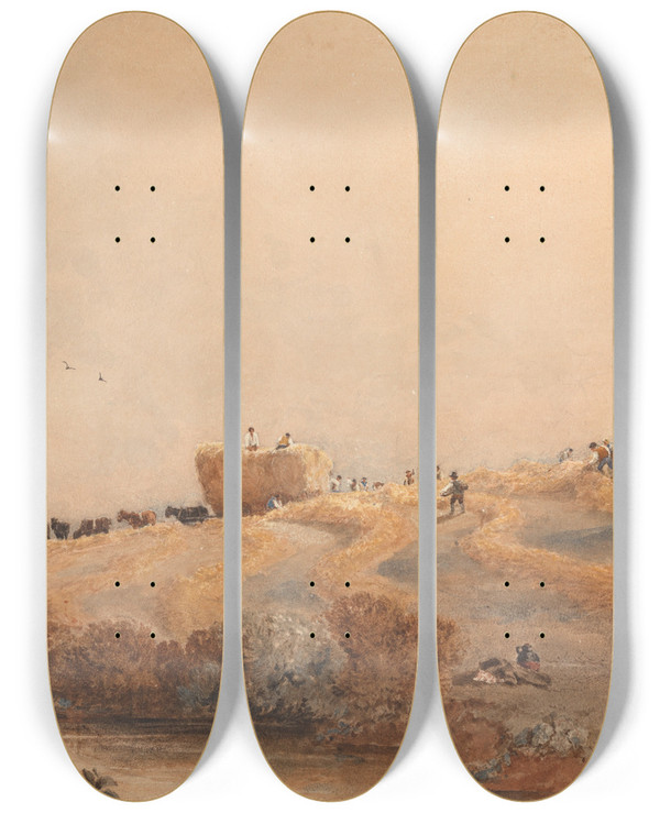 Triptych art skateboard deck of David Cox Haymaking by David Cox (1783-1859)