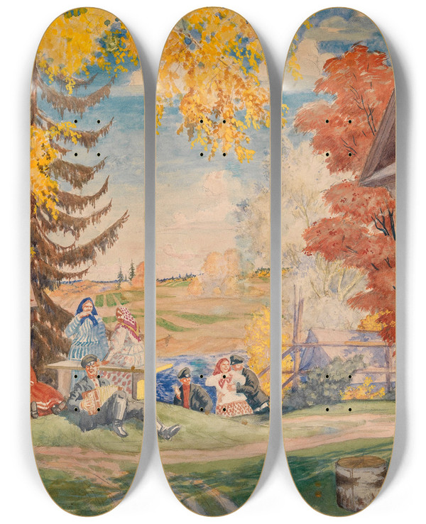 Triptych art skateboard deck of Boris Kustodiev Peasant Women Neverov by Boris Kustodiev (1878-1927)