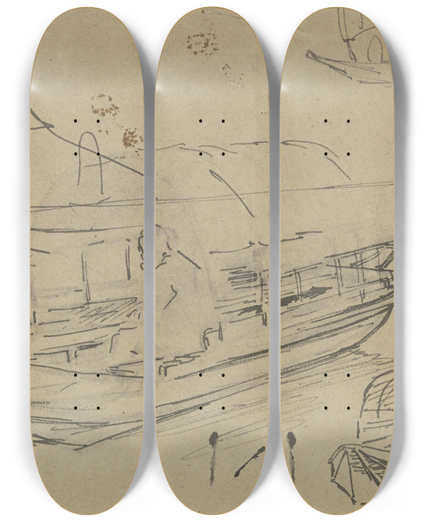 Triptych art skateboard deck of Anton Burger Studienblatt Mit Berdeckten Booten by Anton Burger (1824-1905)