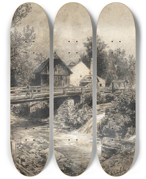 Triptych art skateboard deck of Eduard Peithner Von Lichtenfels Mhle Am Bach by Eduard Peithner Von Lichtenfels (1833-1913)