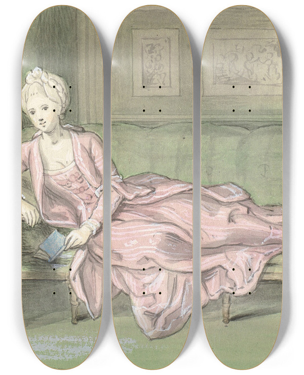Triptych art skateboard deck of Peder Als Tredje Udkast Til Maleri Af Caroline Mathilde Og Frederik by Peder Als (1725-1775)