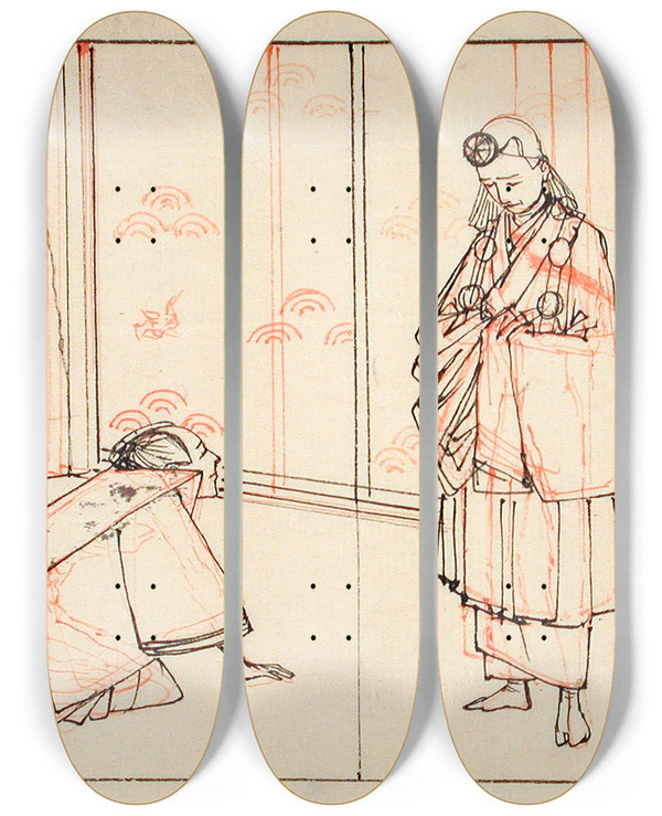Triptych art skateboard deck of Tsukioka Yoshitoshi Preparatory Drawing For An Illustration Of The Book Mirror Of Famous Japanese Generals by Tsukioka Yoshitoshi (1839-1892)