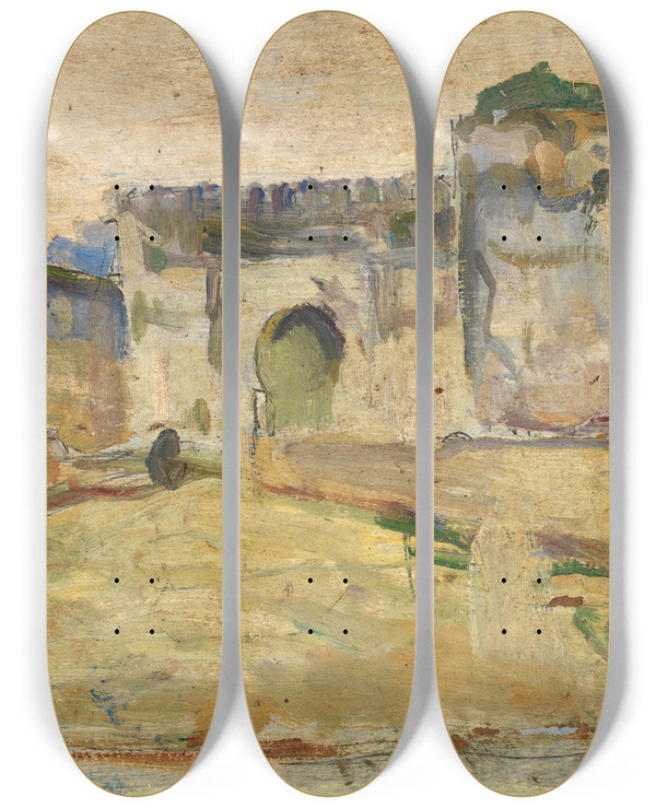 Triptych art skateboard deck of Henry Ossawa Tanner Street Scene Tangier Crenelated Architecture by Henry Ossawa Tanner (1859-1937)