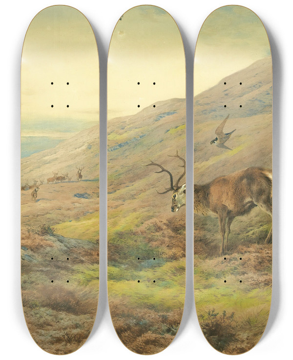 Triptych art skateboard deck of Archibald Thorburn In The Highlands Red Stag Mobbed By A Pair Of Peregrines by Archibald Thorburn (1860-1935)