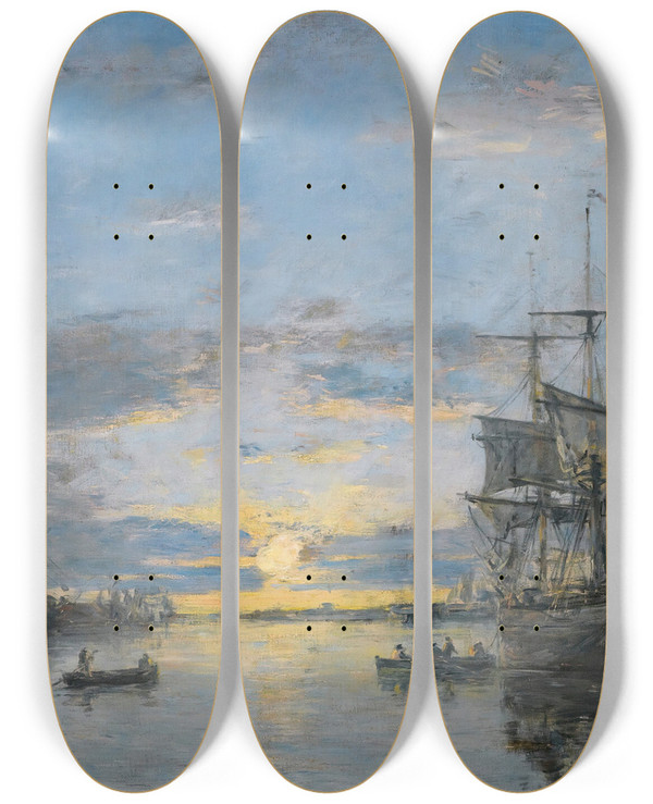 Triptych art skateboard deck of Eugne Boudin Le Havre Lavantport Au Soleil Couchant by Eugene Boudin (1824-1898)
