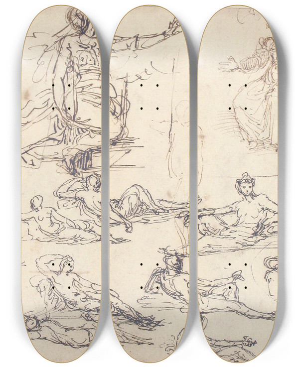 Triptych art skateboard deck of Perino Del Vaga Kneelingseated Kneeling And Reclining Figures by Perino Del Vaga (1500-1547)