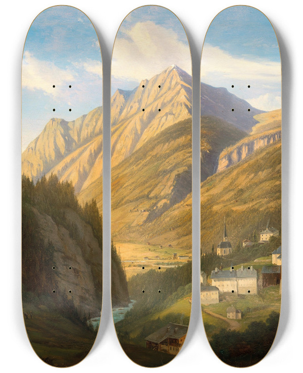 Triptych art skateboard deck of Emil Ludwig Lhr A View Of Bad Gastein by Emil Ludwig Lohr (1809-1876)