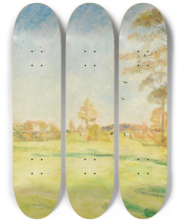Triptych art skateboard deck of Otto Modersohn Wmmelandschaft Mit Khen by Otto Modersohn (1865-1943)