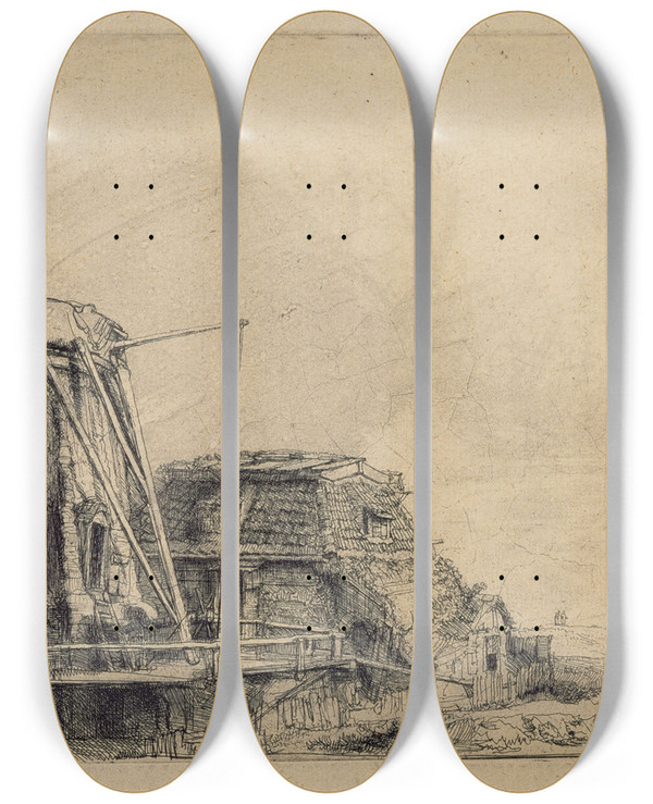 Triptych art skateboard deck of Rembrandt Van Rijn The Windmill_1 by Rembrandt Van Rijn (1606-1669)