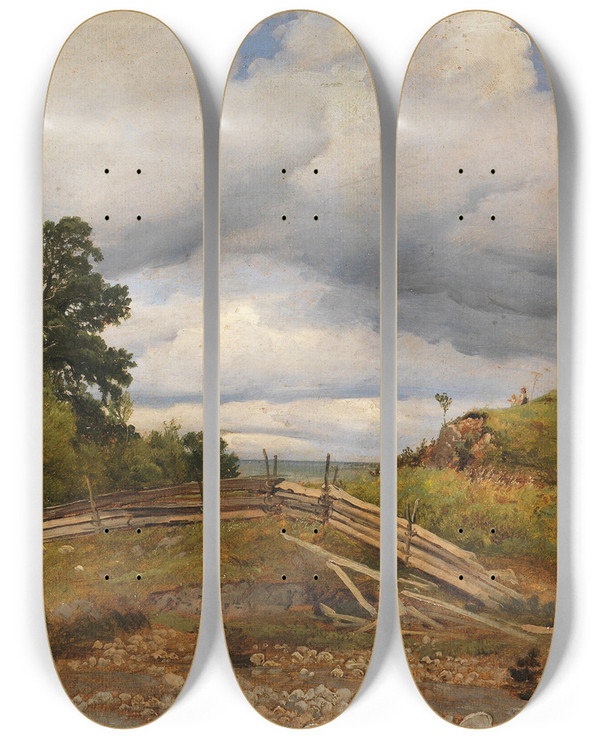 Triptych art skateboard deck of Georg Heinrich Crola Am Chiemsee In Bayern by Georg Heinrich Crola (1804-1879)