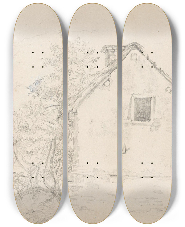 Triptych art skateboard deck of Adolph Tidemand Bondehus Altenahr by Adolph Tidemand (1814-1876)