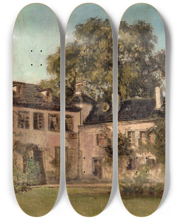 Triptych art skateboard deck of Ferdinand Fagerlin Malkasten The Artists House In Dsseldorf by Ferdinand Fagerlin (1825-1907)