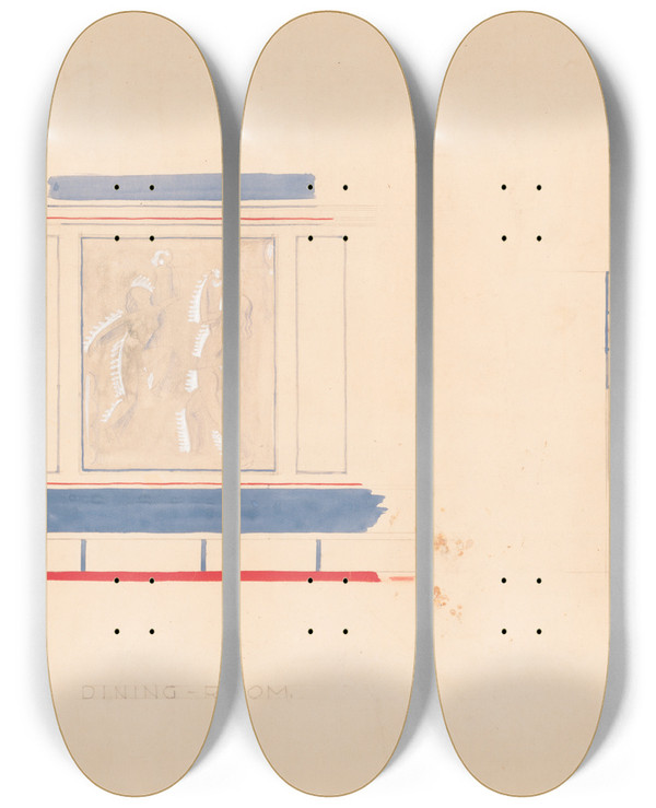 Triptych art skateboard deck of Winold Reiss Design For Unidentified Restaurant Interior In Blue And Vermillion With Mural Featuring 2 Female Nudes And Panel With Tulip Inserts Drawing For Dining Room by Winold Reiss (1886-1953)