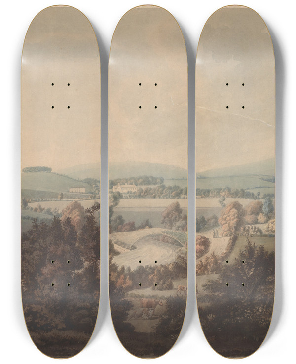 Triptych art skateboard deck of William Green Landscape With River And A Bridge by William Green