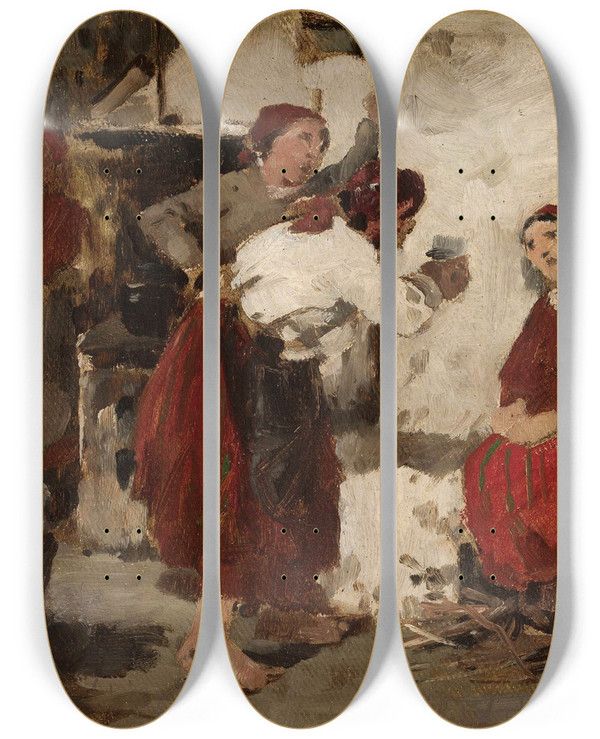 Triptych art skateboard deck of Zdzisaw Jasiski In A Cottage by Zdzislaw Jasinski (1863-1932)