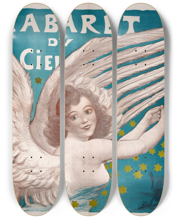 Triptych art skateboard deck of Adolphe Lon Willette Cabaret Du Ciel by Adolphe Leon Willette (1857-1926)