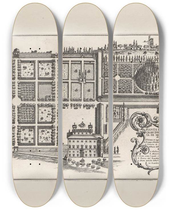 Triptych art skateboard deck of Giovanni Battista Falda Li Giardini Di Roma Con Le Loro Piante Alzate E Vedvte In Prospettiva Pl07 by Giovanni Battista Falda (1643-1678)