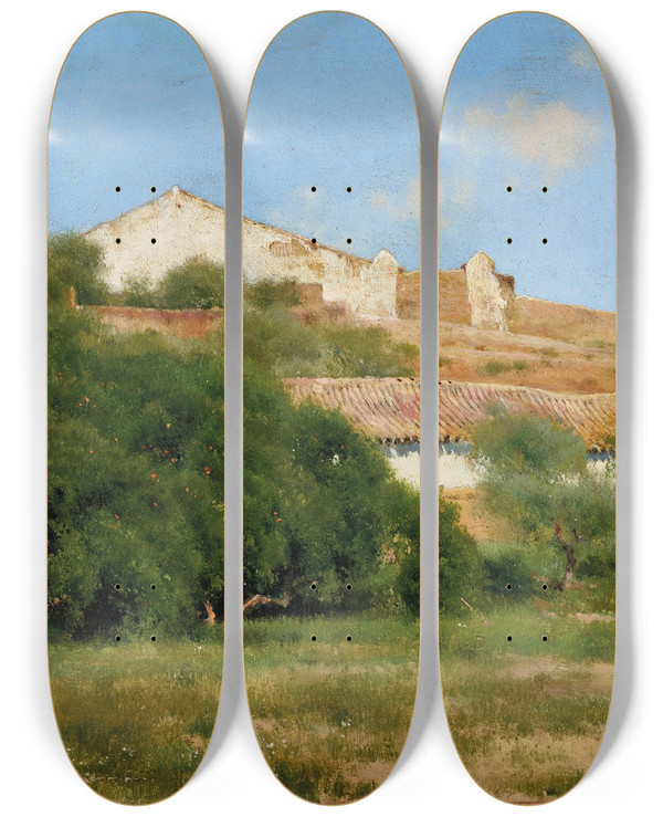 Triptych art skateboard deck of Emilio Snchezperrier A Middays Rest by Emilio Snchez-Perrier (1855-1907)